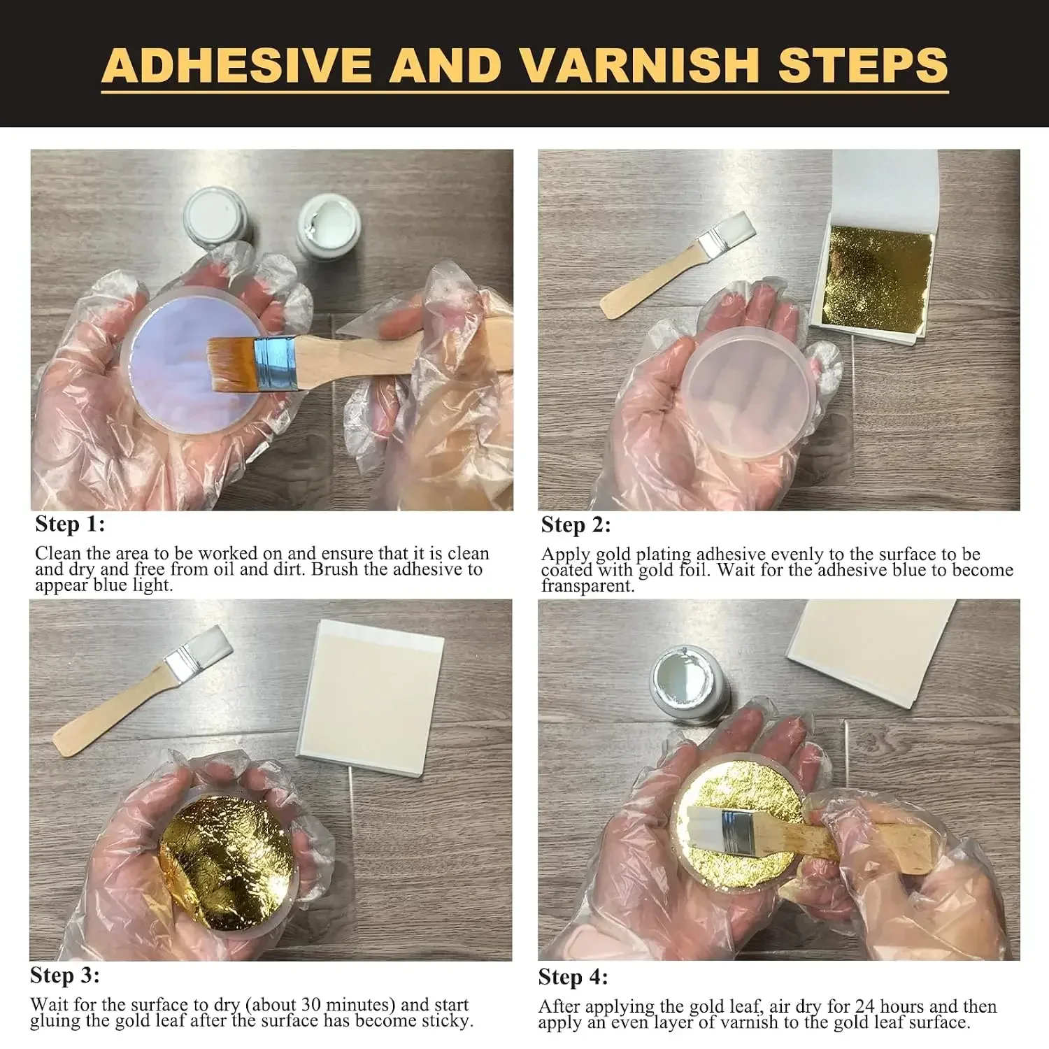100 Stück Goldfolienblätter Vergoldungsset 60ml Wasserbasierter Klebstoff & Klarlack für DIY Möbel Holzkunst Handwerk Dekoration – Detail 3