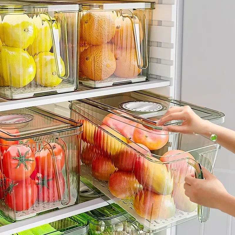 Transparent refrigerator storage box, kitchen food grade draining vegetable storage box, hand-held plastic preservation box