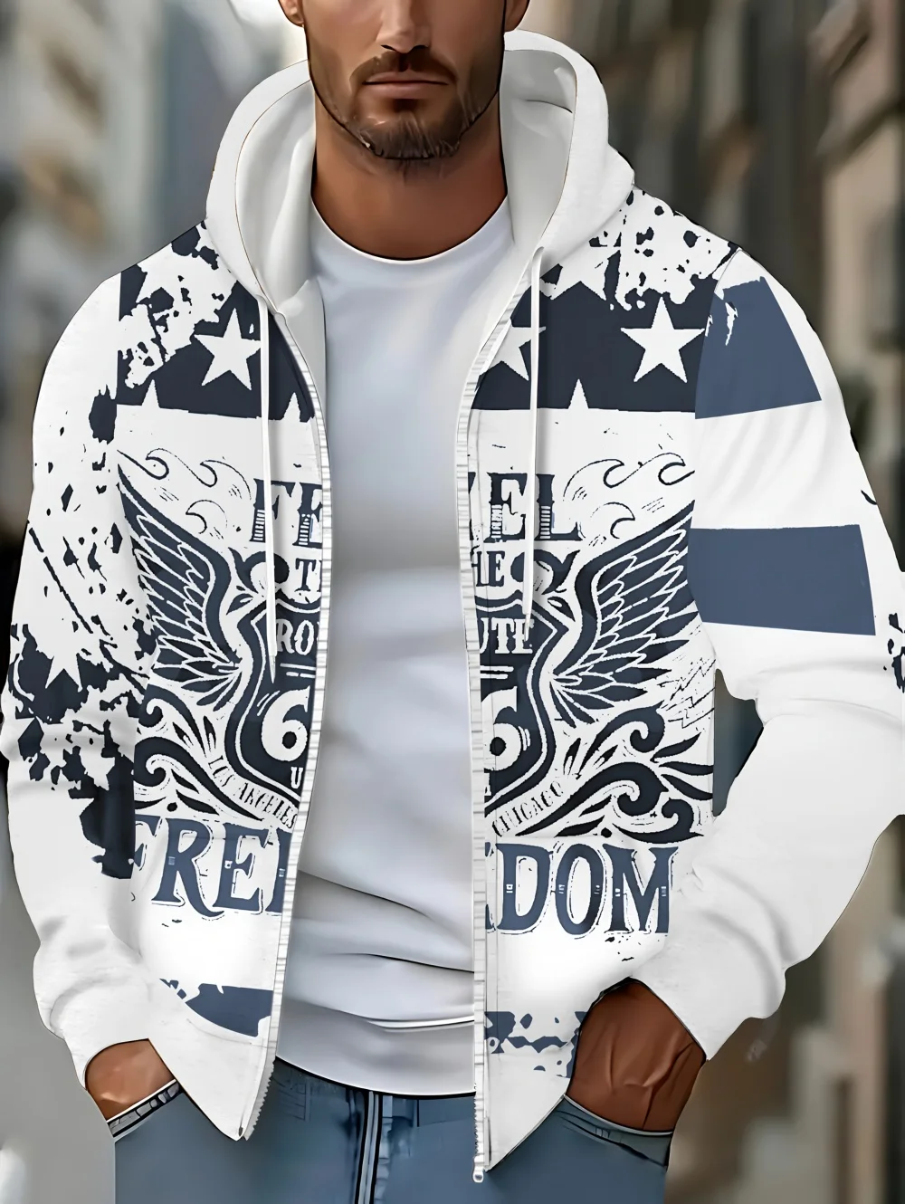 Mens Full Zip Hooded Trend American Flag Graphic Print Casual Outdoor Coat Drawstring Hood Pockets Long Sleeve Oversized Hoodie