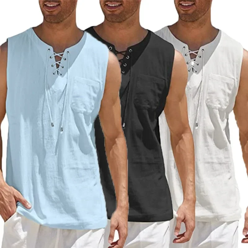 

Men Summer Linen Tank Top Sleeveless T-Shirt Lace-up Design Solid Color Shirt Loose Fit Vest Daily Cotton Linen Vest Clothing