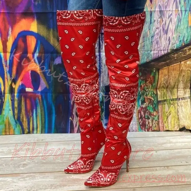 Over The Knee Boots Print Pointed Toe Stiletto Heel Streetwear Festival Boho Hippie Women Shoes Leather Mixed Color Fashion New
