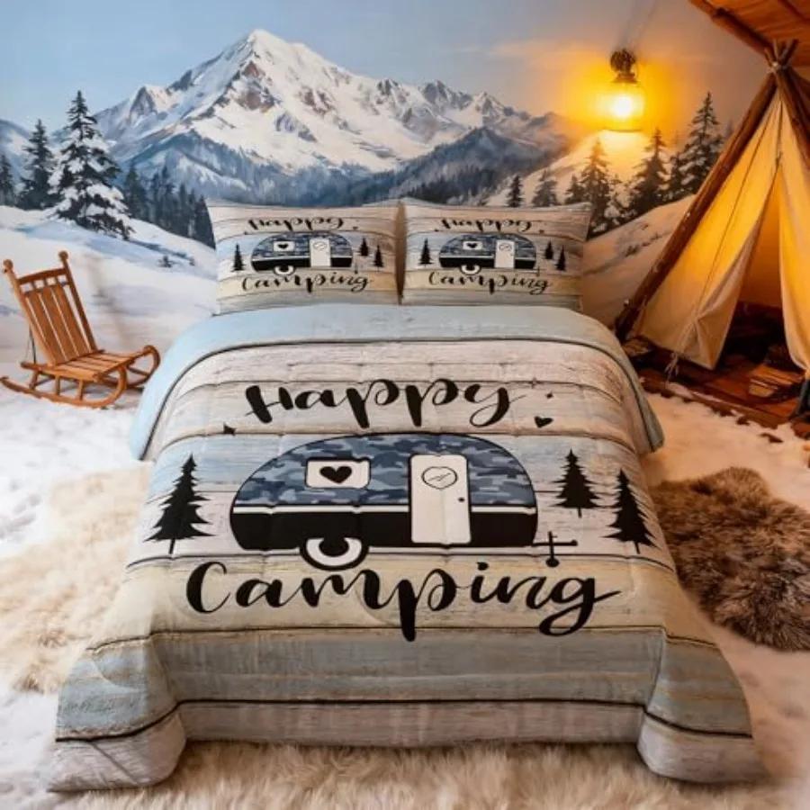 

Happy RV Comforter Set SizePine Camper Rustic Farmhouse Bedding Set Girls Boys Room Decor Wooden Plank Cottage Country Quilt Co