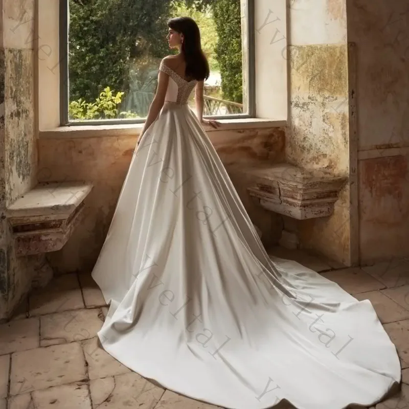 Customized Luxury Beaded Satin A-Line Minimalist Ivory Off The Shoulder Ball Gown Chapel Wedding Dress Bridal Gown With Train