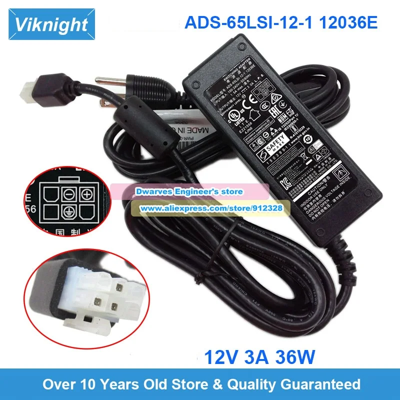 ADS-65LSI-12-1 12036E AC Adapter 12V 3A 36W for / Power Supply Molex-6-Pin