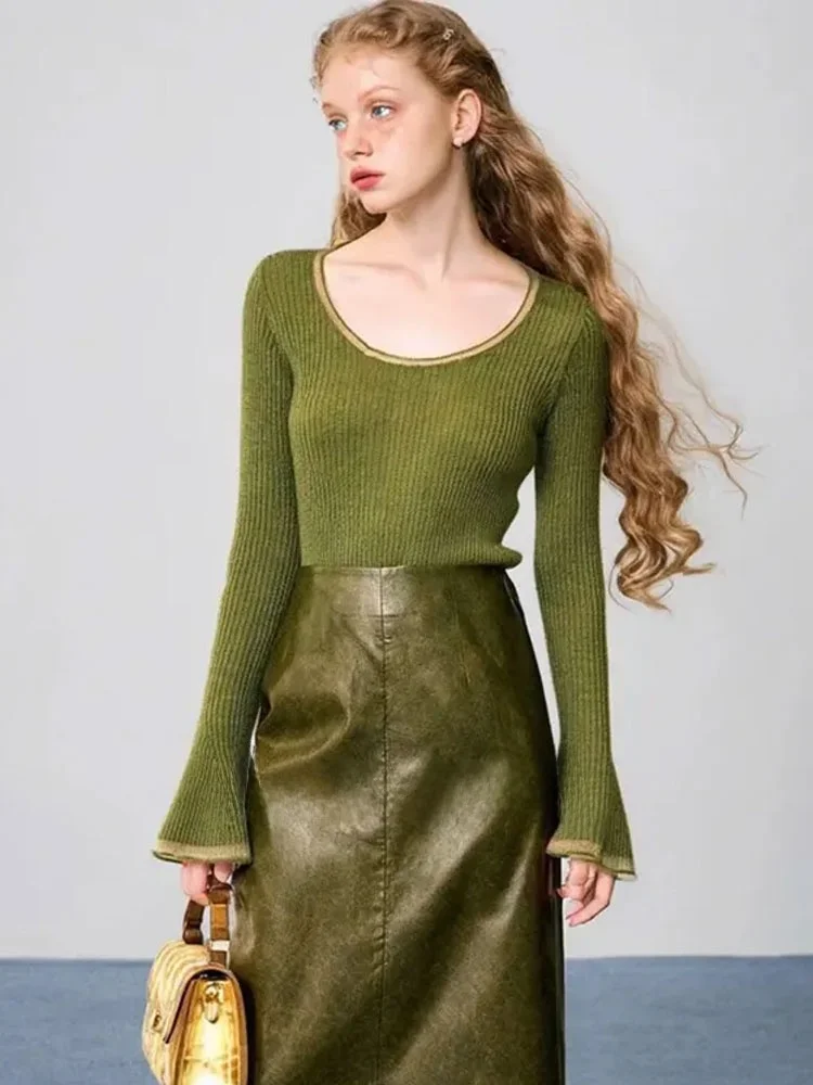 

Ele Bell Sve Вязаный свитер с квадратным воротником в полоску, мягкая удобная ткань, вязаный длинный све