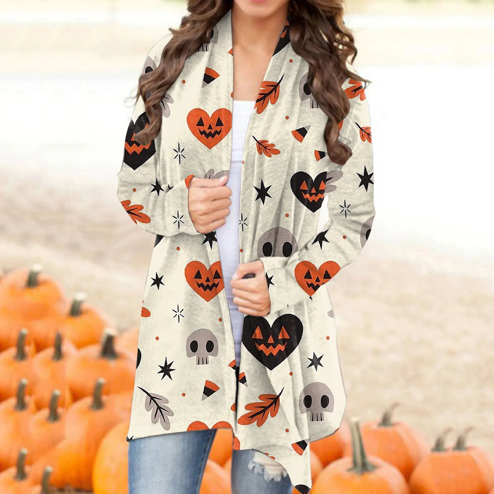 2024 Halloween Cardigan Pumpkin Cat Spider Bat Cartoon Print Long Sleeve Open Front Outwears Plus Size Loose Casual Women Tops