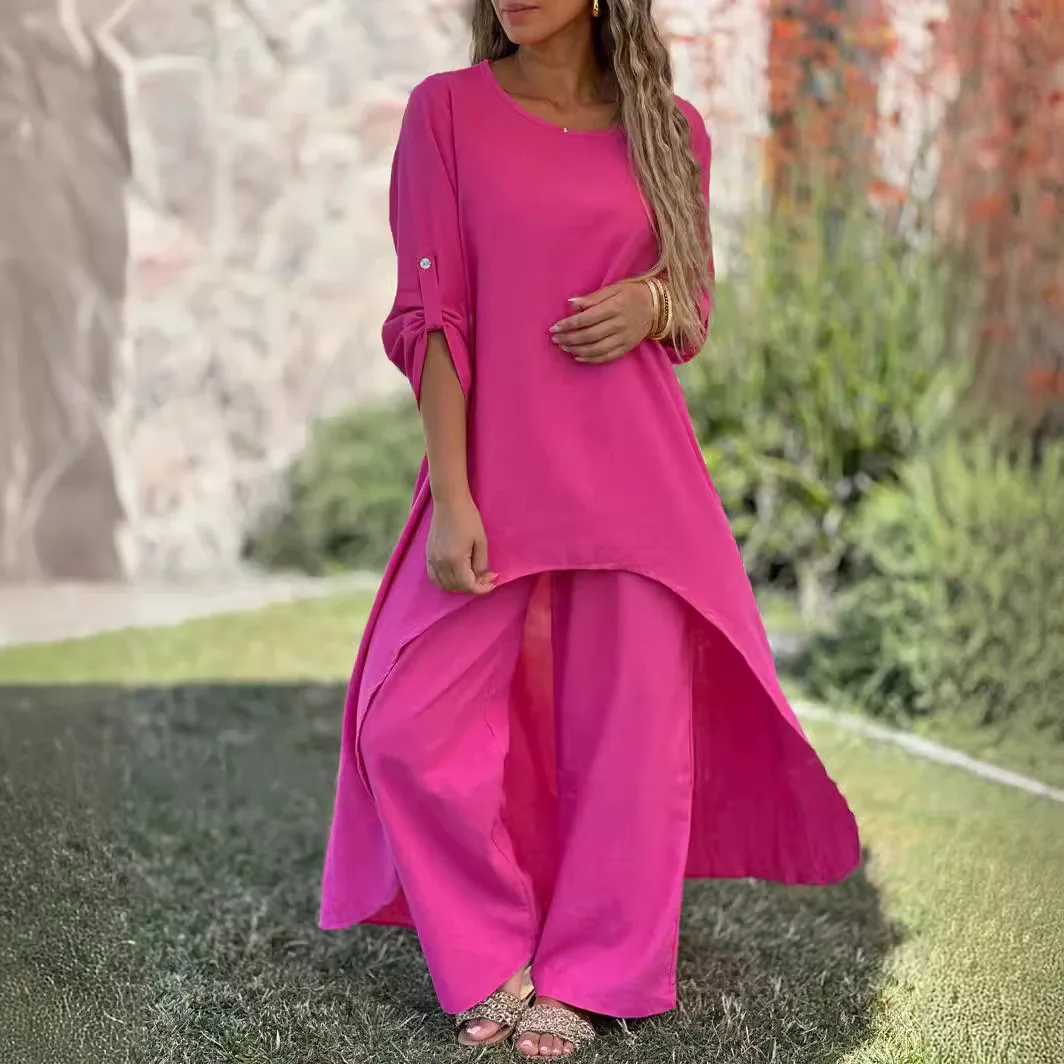 

Autumn women solid color fashionable round neck irregular long-sleeved top + wide-leg pants two-piece suit women's trousers suit