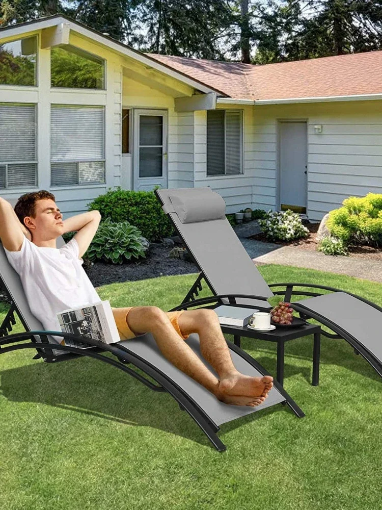 Sun Lounger Recliner Set Aluminum Chaise Lounges,Reclining Chair With 5 Adjustable Backrest, Head Cushion, Table For Garden