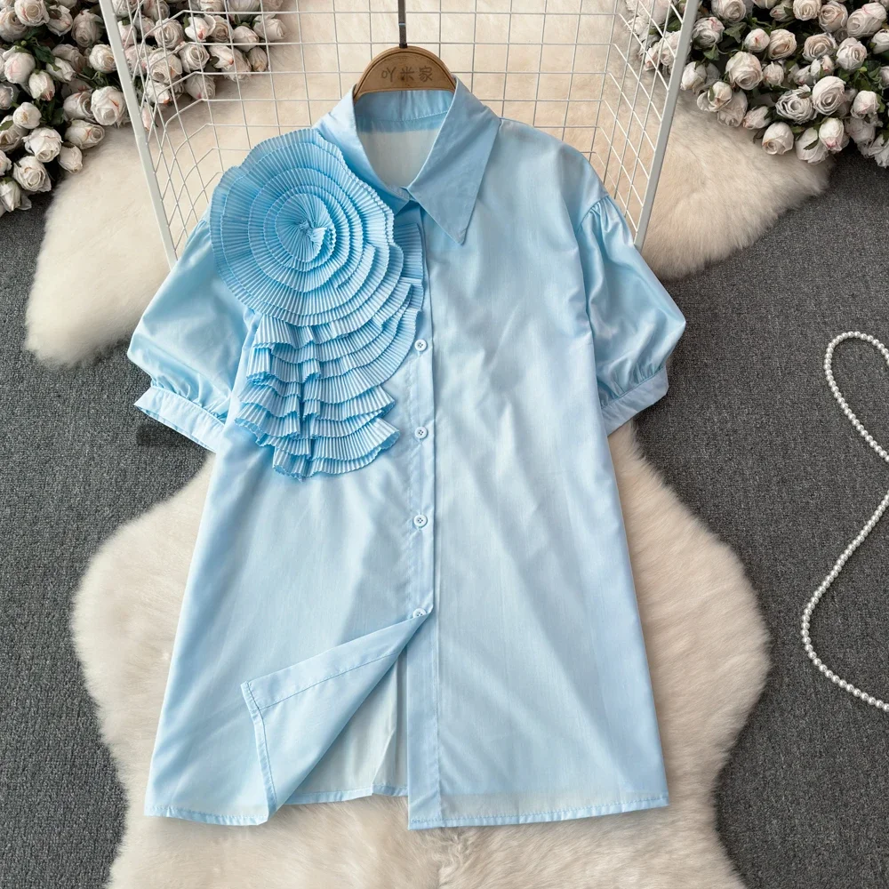 2024 Solid Summer Shirts&blouses 3D Flowers Vintage Korean Fashion Short Sleeve Women Tops Elegant Sweet Party Blusas Mujer