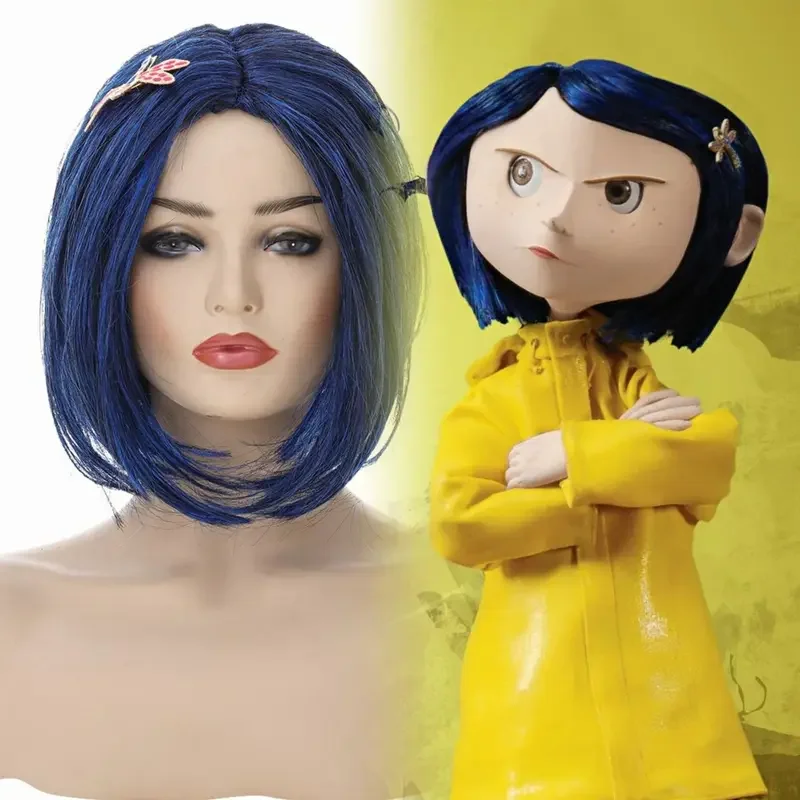 Horror Märchen Filme Coraline Cosplay Kostüm Perücke gelben Mantel geheime Tür Erwachsenen Kind Frauen Halloween Party beängstigend Rollenspiel Anzug