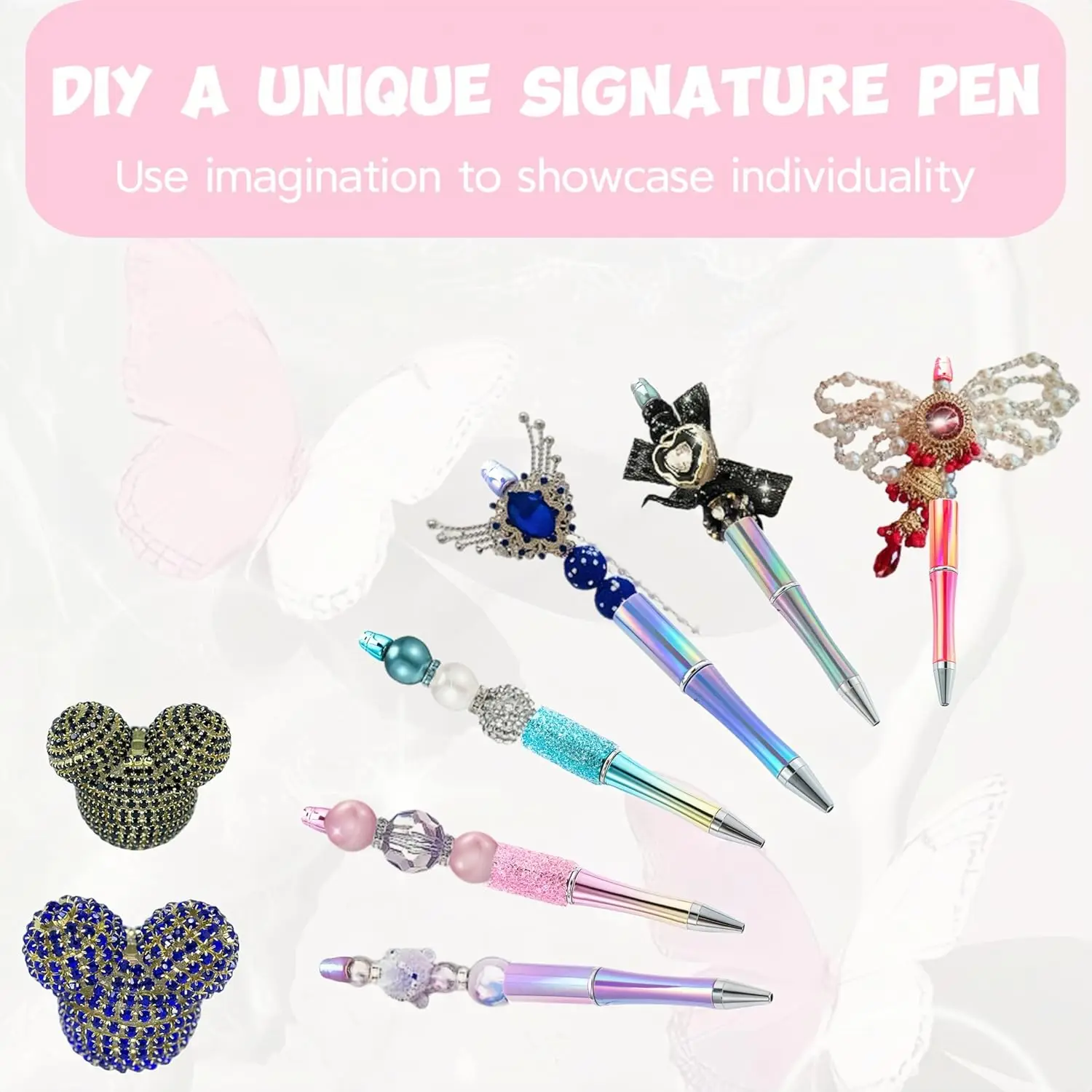 Beadable Pens 12 Pcs Gradient Colors Shiny Fancy Pens Bulk for Women Focal Beads Pens Retractable Ballpoint Cool Cute Pens