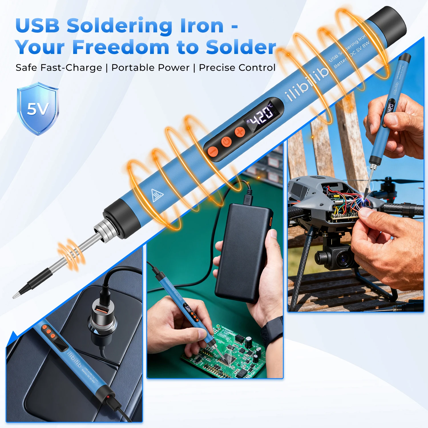 ILIBILIB HX7 8W 5V USB Soldering Iron Kit LCD 260-420°C Built-in Battery Wireless Work Sleep Mode Fast Heating