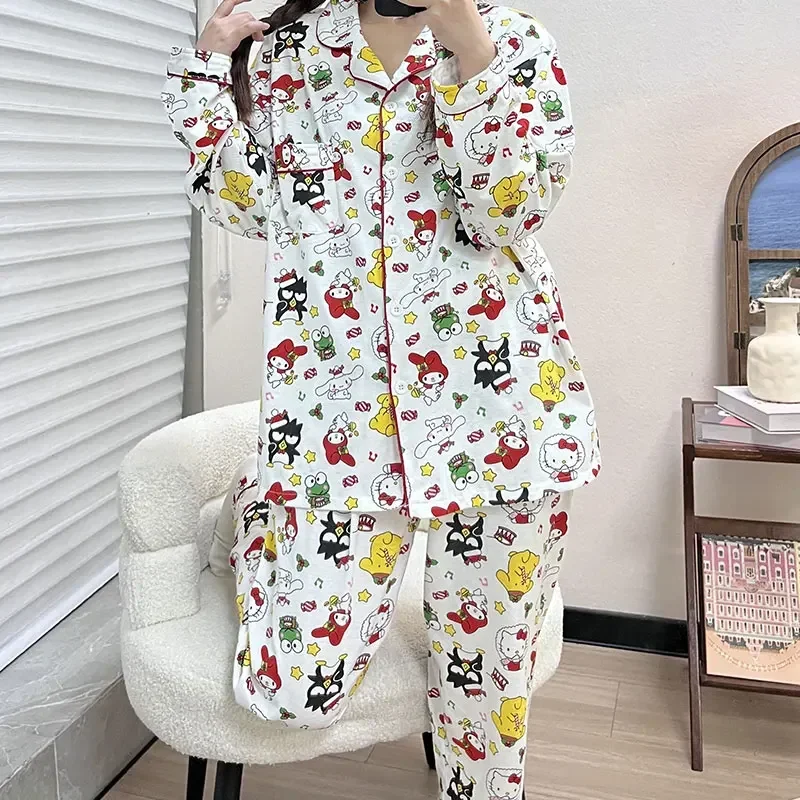 Sanrio Hello Kitty Silk Pajamas Women\'s Autumn Cotton Long Sleeve Casual Home Women\'s Pajamas Homewear Pajamas Pants Set