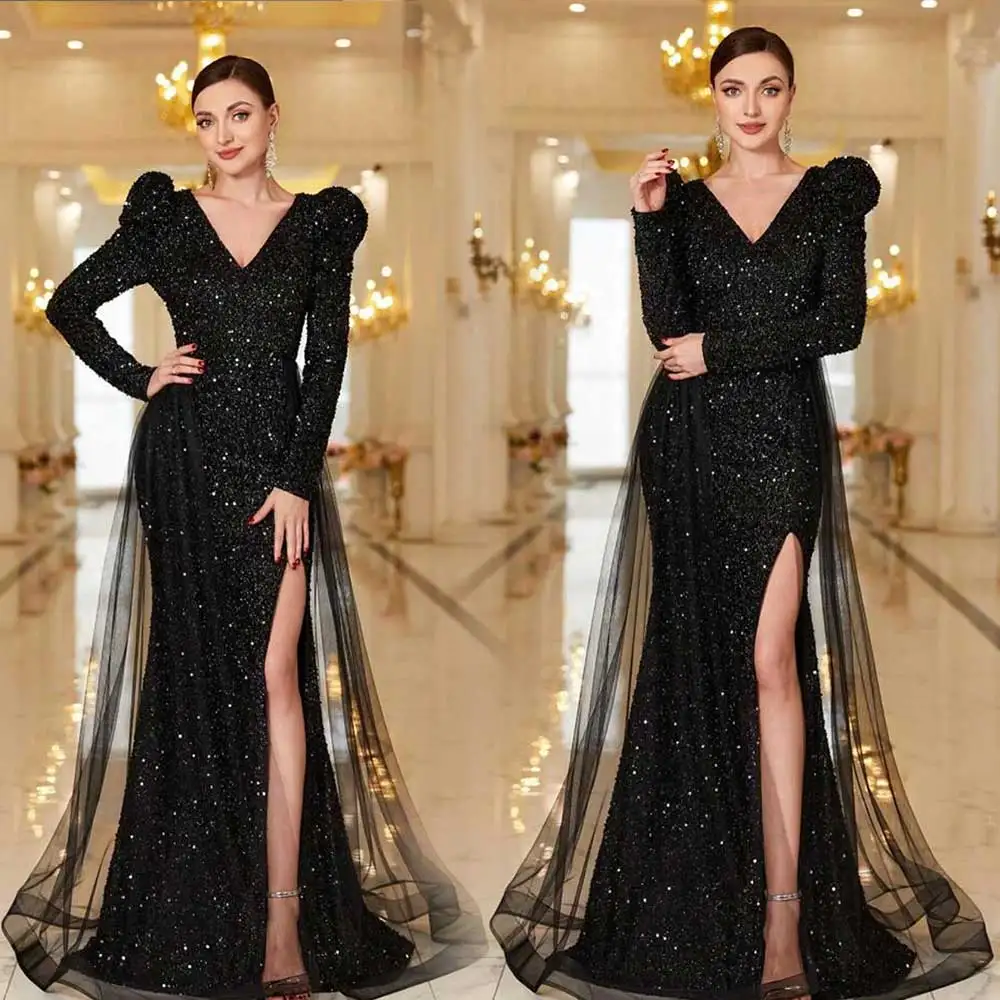 

Black Sparkle Sequin Evening Dress V-Neck High Slit Mermaid Long Sleeved Draped Dubai Women's Formal Sweep Train Prom Gown