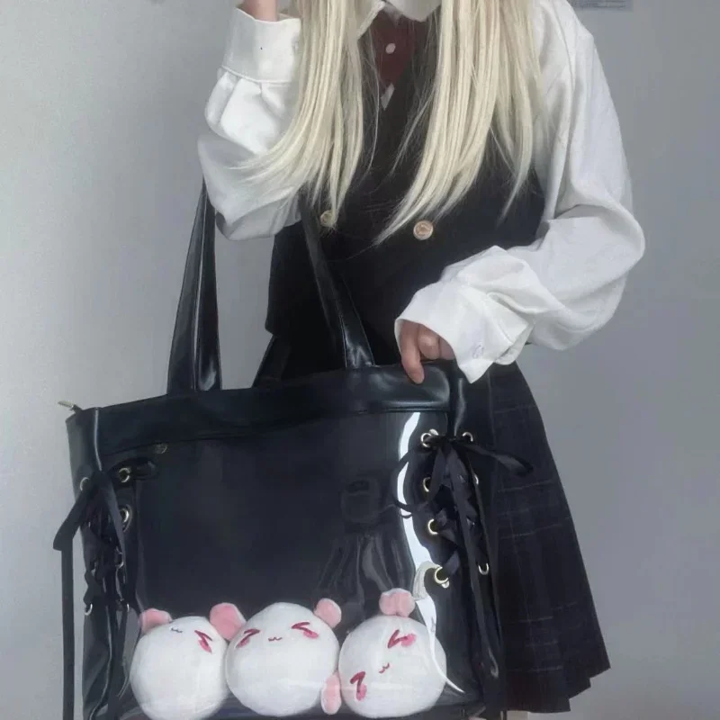 Japnese nova moda ita sacos doce ver através lolita bolsas femininas jk uniforme sacos de ombro bandagem design bolso mujer