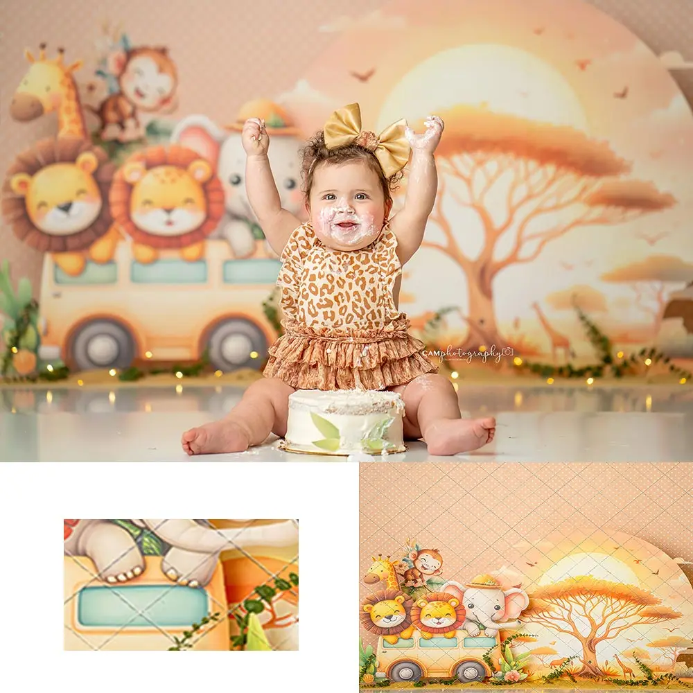 Sunset Safari Backdrop Animals Car Kids Baby Cake Smash Photography Props Child Adult Birthday Studio Backgrounds