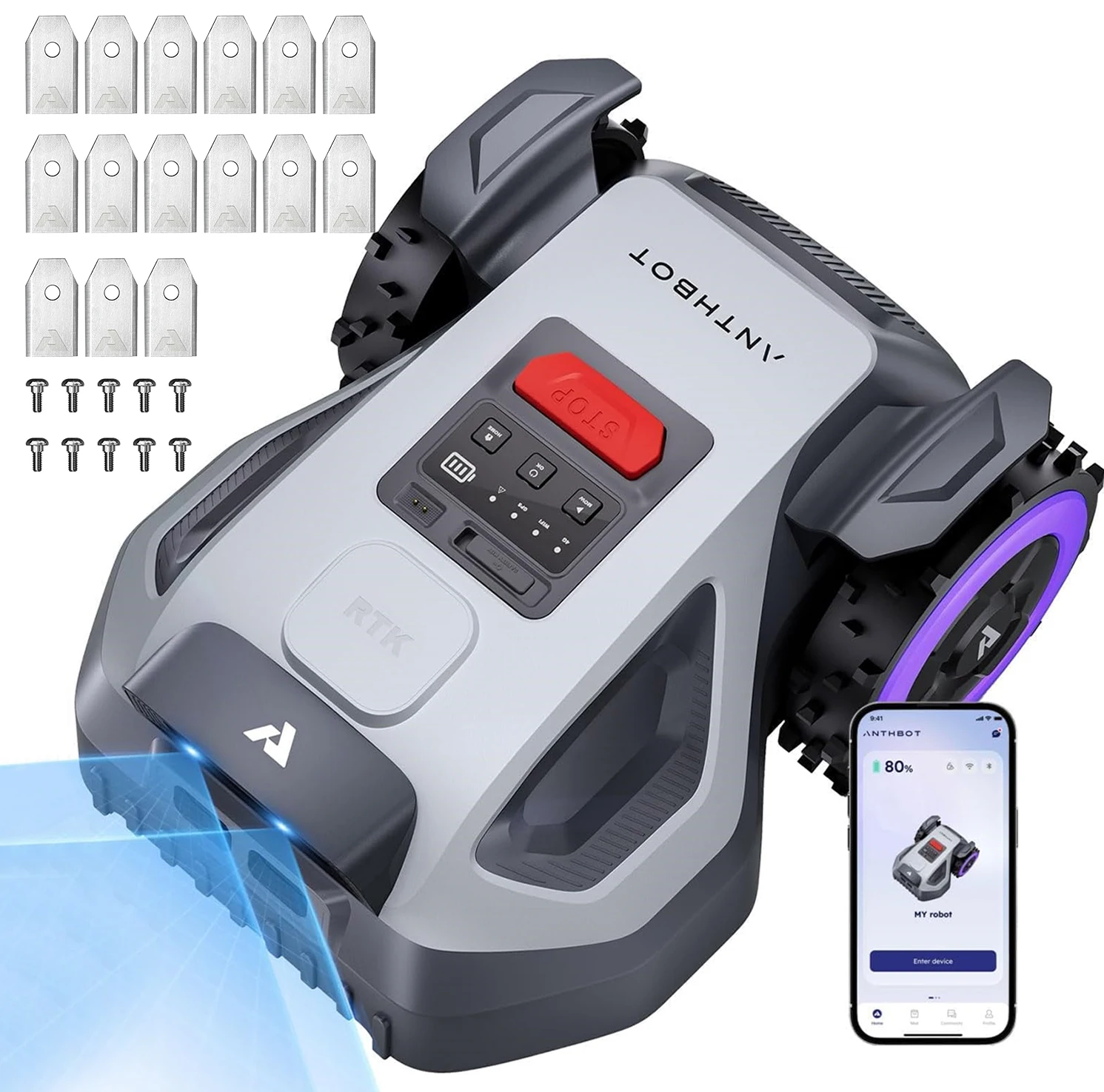 Tondeuse robotisée ANTHBOT M9, navigation RTK + double vision, 4G, 5000 mAh, 150 m²/h, pente de 24° (45 %), gestion multi-zones, commande par application, pour jardins jusqu’à 1200 m², robot de tonte intelligent sans