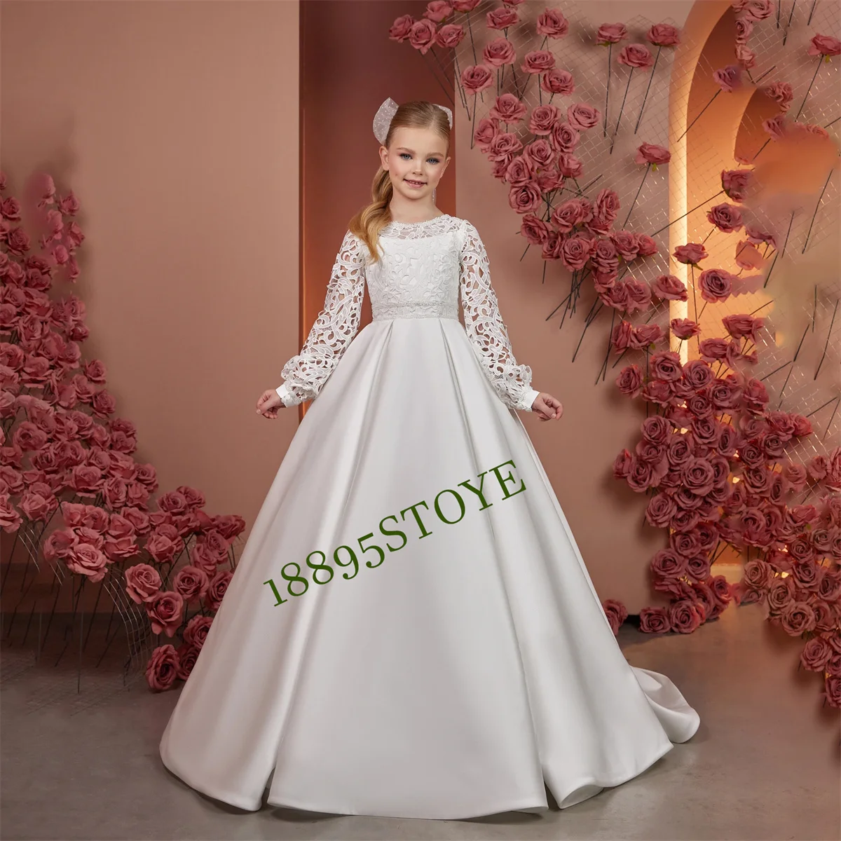 Vestido florido para casamento, frisado de cetim, manga cheia, até o chão, fofo, elegante, infantil, festa de aniversário, primeira comunhão, vestido de baile