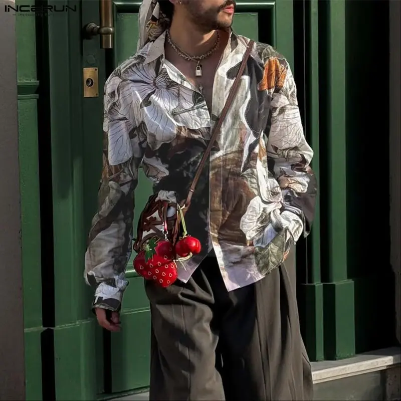 

INCERUN Men Shirt Printing Lapel Long Sleeve Loose Casual Men Clothing Streetwear 2026 Vacation Fashion Leisure Tops Male Shirts