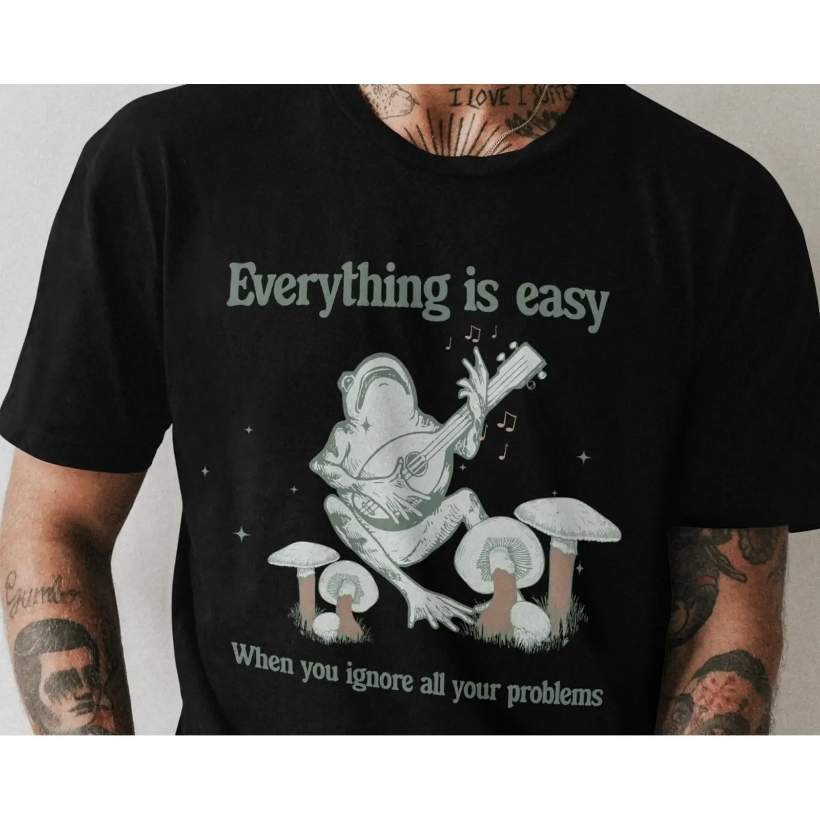Everything Is Easy Funny Frog Playing Lute T shirt Cottagecore Mushroom Meme Procrastination Sarcastic vintage Washed