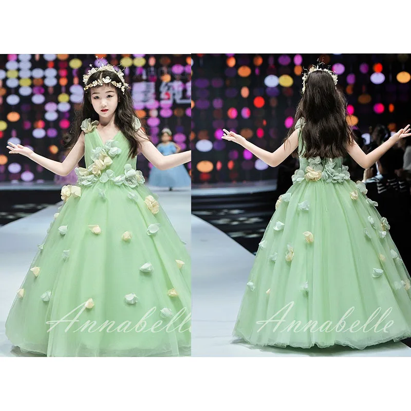 

Annabelle Girl Dress Sleeveless Luxury Princess Gown With3D Flower For Wedding Birthday Party Flower Girl Long Gown vestidos