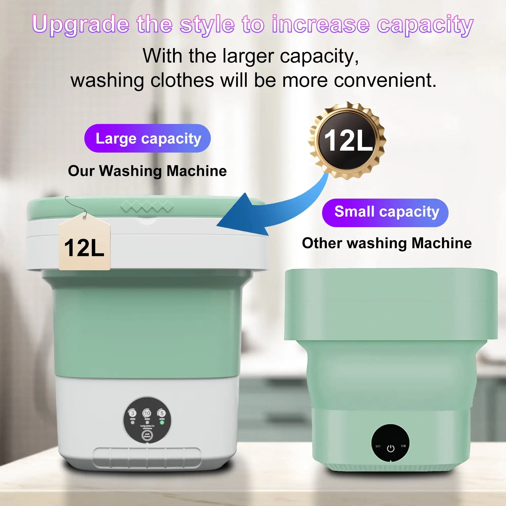 غسالة بنتانتان المحمولة سعة 12 لتر، غسالة صغيرة قابلة للطي للشقة، RV، السفر، أخضر