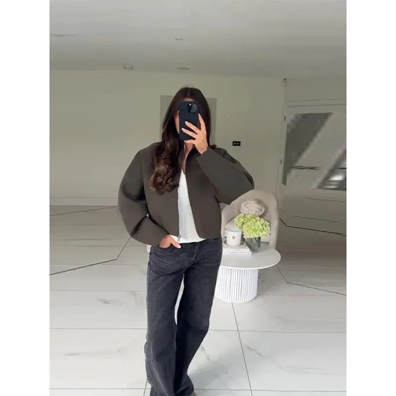 

Women's casual solid color knitted jacket stand collar long sleeved zipper loose cut jacket for daily commuting