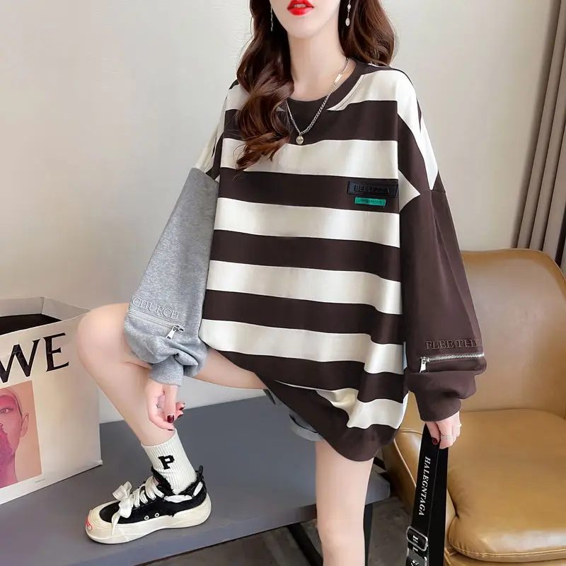 Striped Sweatshirts Pullover Autumn Winter Loose Mid Length Top Long Sleeve Female Casual Korean Patchwork Zipper Loose Top Tee