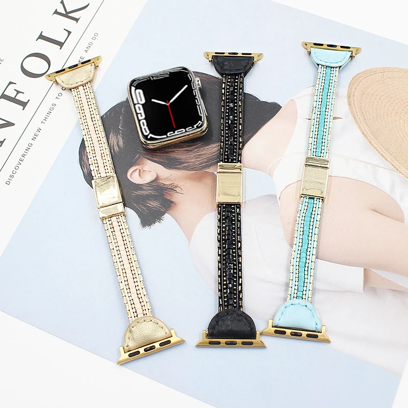 Leather Strap For Apple Watch band 44mm 40mm 42mm 38mm bracelet belt smart watchband iwatch series 6 5 4 3 se 7 45mm 41mm beads