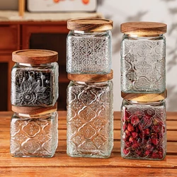 Retro Embossed Begonia Pattern Glass Jar Sealed Jar Storage Bottle Kitchen Miscellaneous Grains Snacks Bamboo Cover Storage Box