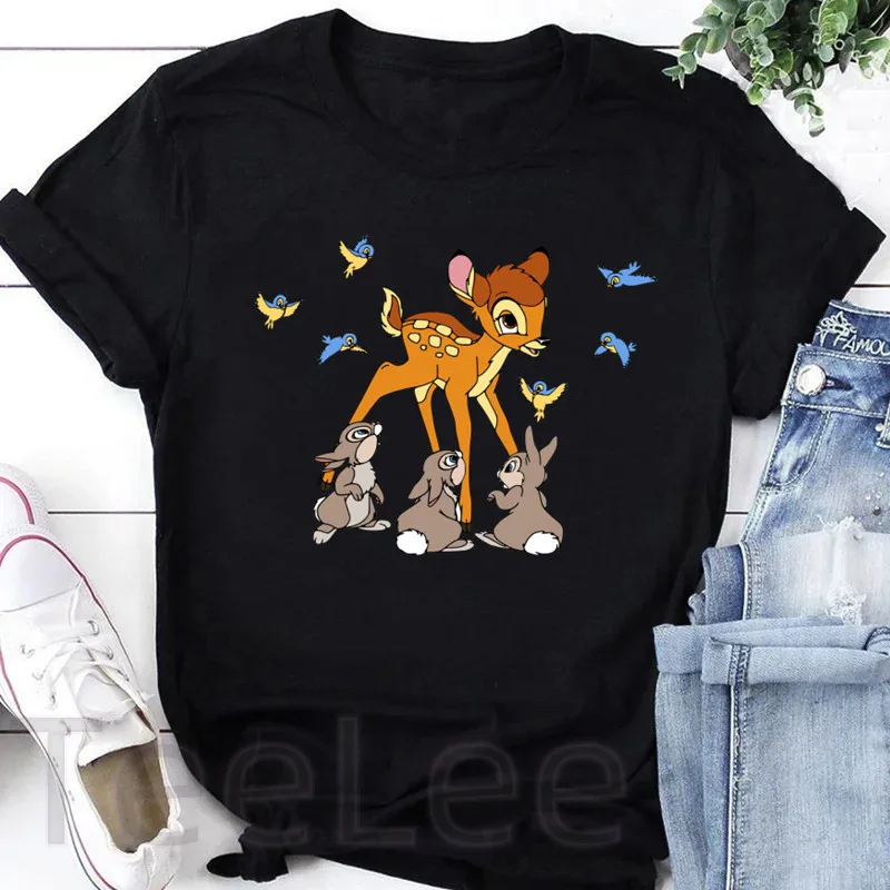 Bambi T Shirt Women Printed Rabbit Graphic Deer Tees Anime Punk Black T-shirt Cartoon Tops Casual Female Tshirt Clothing