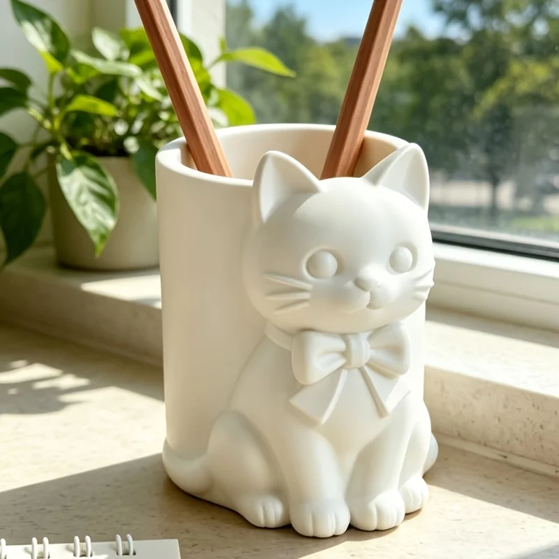 1Pc Cute 3D Bowknot Cat Storage Holder, Multifunctional Container for Makeup Brushes, Pens and Desk Supplies