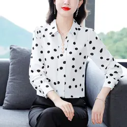 Spring and Autumn Women's Pullover V-neck Button Solid Color Chiffon Polo Dotted Long Sleeve Shirt T-shirt Fashion Casual Tops