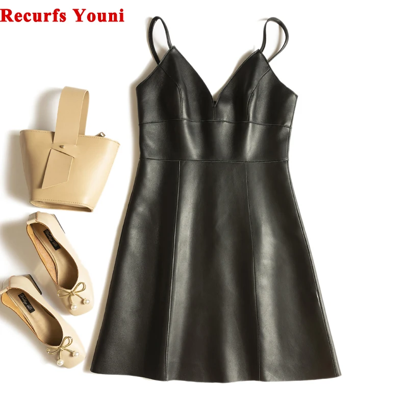 Leather Slip Dress For Women 2023 Spring Winter Female Backless Casual Mini Skirt Mujer V-neck  Short Black Vestido Streetwear