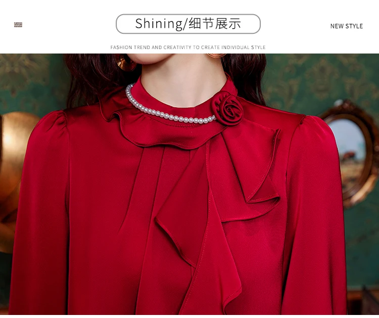 2024 Spring Elegant Red Satin Women Beading Ruffles Blouse Long Sleeve Fashion Korean Office Ladies Work Shirt Basic Female Tops