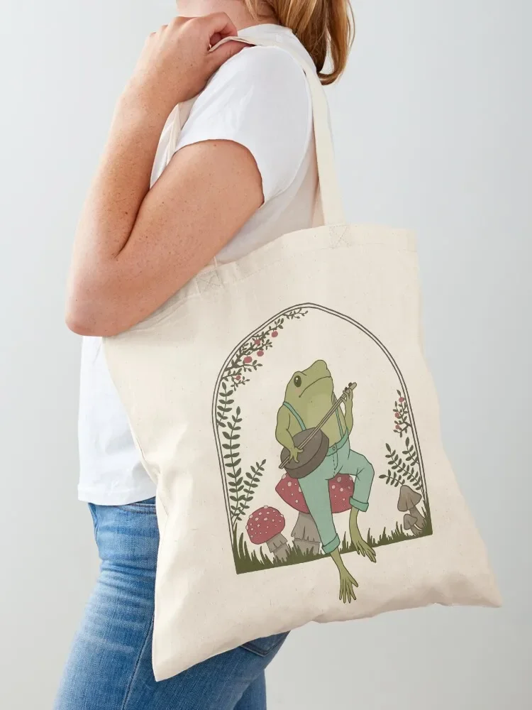 Cottagecore Aesthetic Frog Playing Banjo on Mushroom: Cute Vintage Goblincore Farmer Toad in Garden, Emo Grunge Fairyco Tote Bag