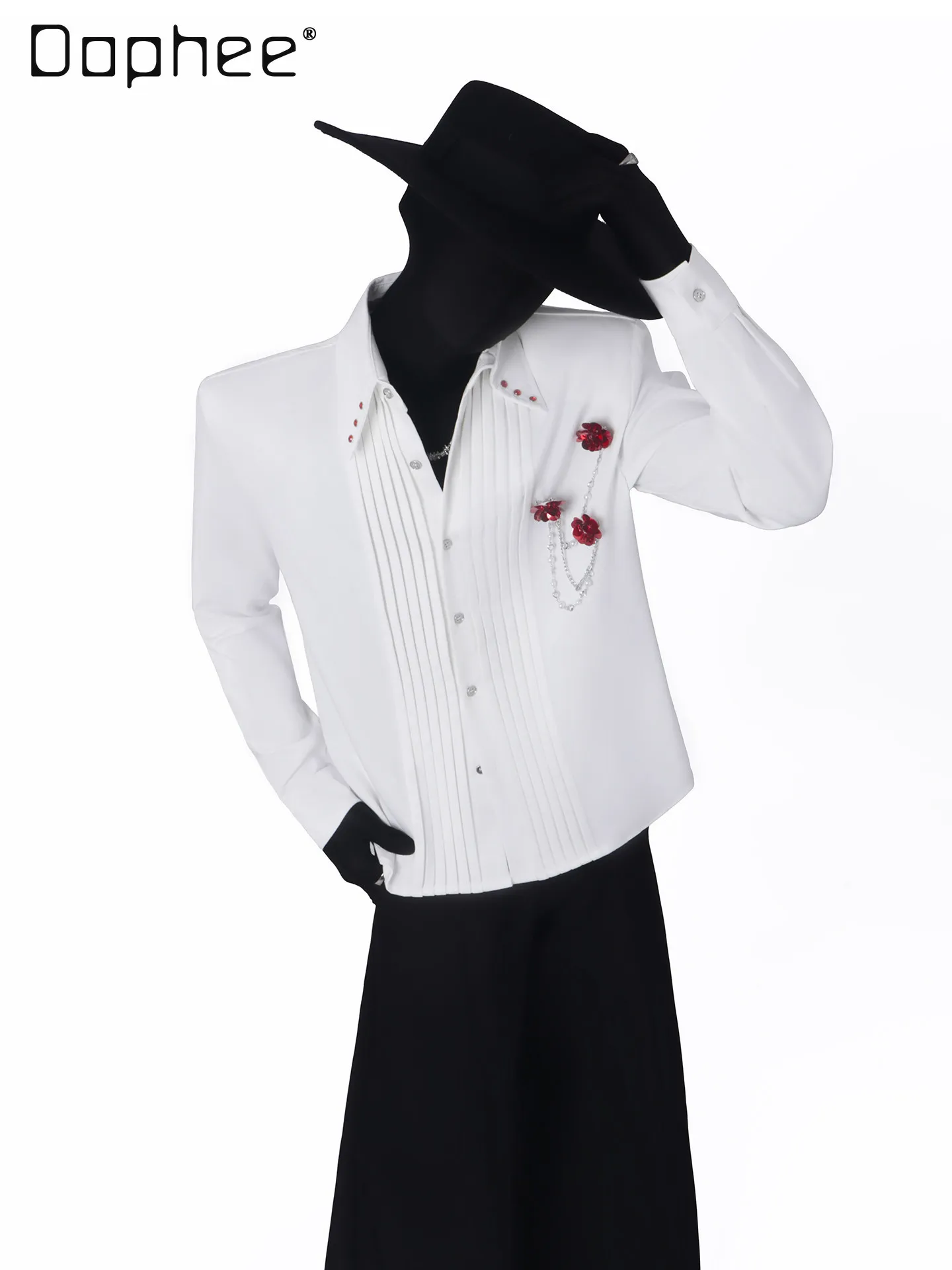 Men's New Spring Autumn Korean Style White Black Pleated Design Draped Long Sleeve Shirt with Pearl Chain Rose Decoration