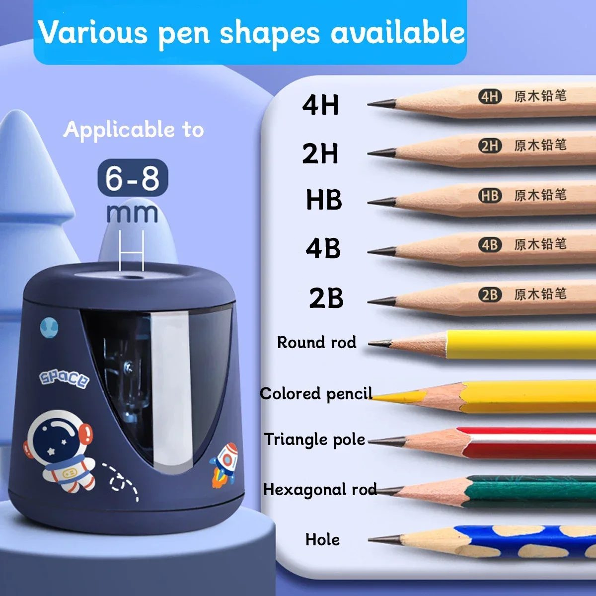 Electric Automatic Pencil Sharpener Cartoon Space Pattern Sticker Children Primary School School Office Stationery Supplies