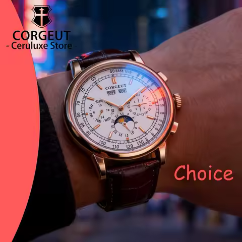 CORGEUT 316L Leather Mineral Glass Men's Watch Automatic Mechanical Luxury Watch Year Date Week Watch for men Business