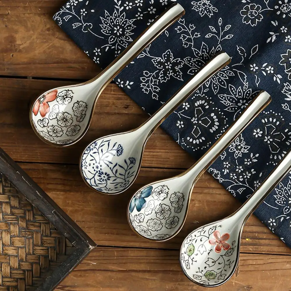 Chinese Retro Ceramic Flower Spoon Classical Unique Cutlery Stirring Scoop Simple Trendy Durable Eating Dinnerware