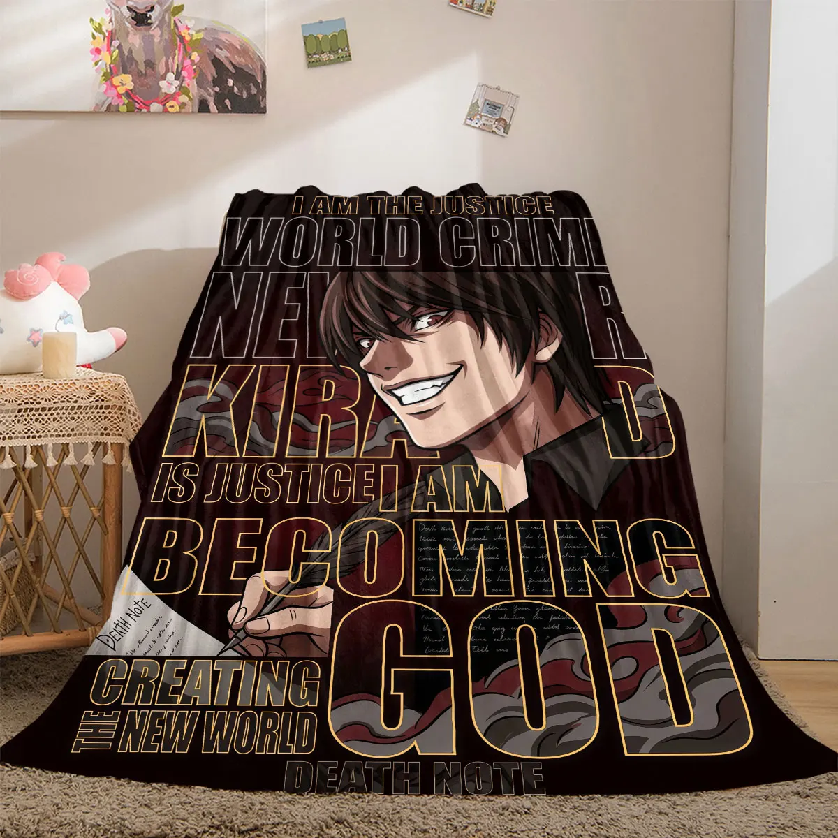 Death Note Bold Cartoon Flannel Blanket, Printed Pattern for Living Room, Warm Bedding for Chairs, Travel Use_LIAN