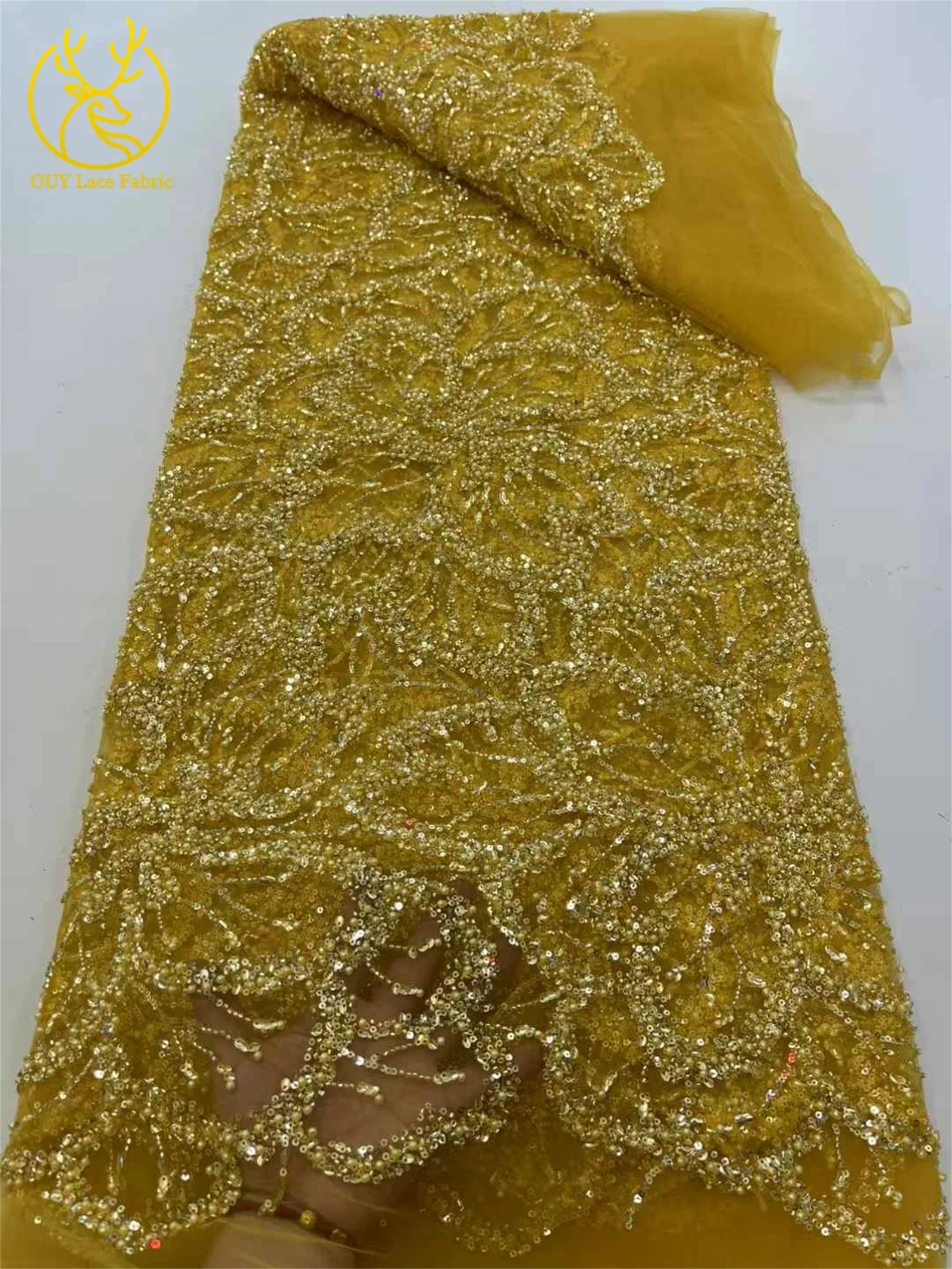 Tela de malla francesa con cuentas de encaje 2025, encaje de lentejuelas de malla nigeriana de alta calidad, vestidos elegantes de fiesta de boda para mujer cosidos, 5 yardas