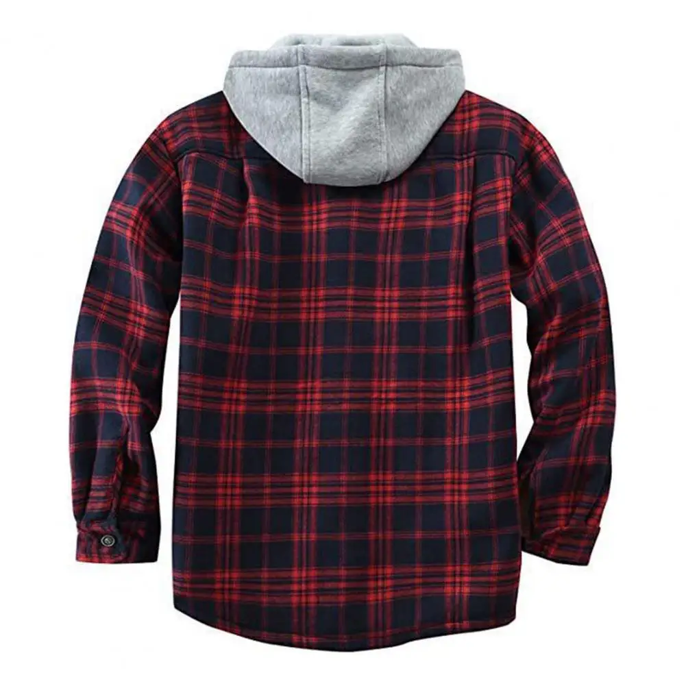 Hooded Jacket Stylish Men's Plaid Pattern Coat Fleece Lined Hooded Cardigan with Drawstring Long Sleeve Loose Fit Outwear Men