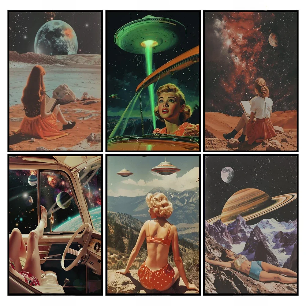 (No frame)Vintage UFO Wall Art Sci Fi UFO Painting Surreal Alien Abduction Poster Print For Living Room Saucer Man Canvas Pai