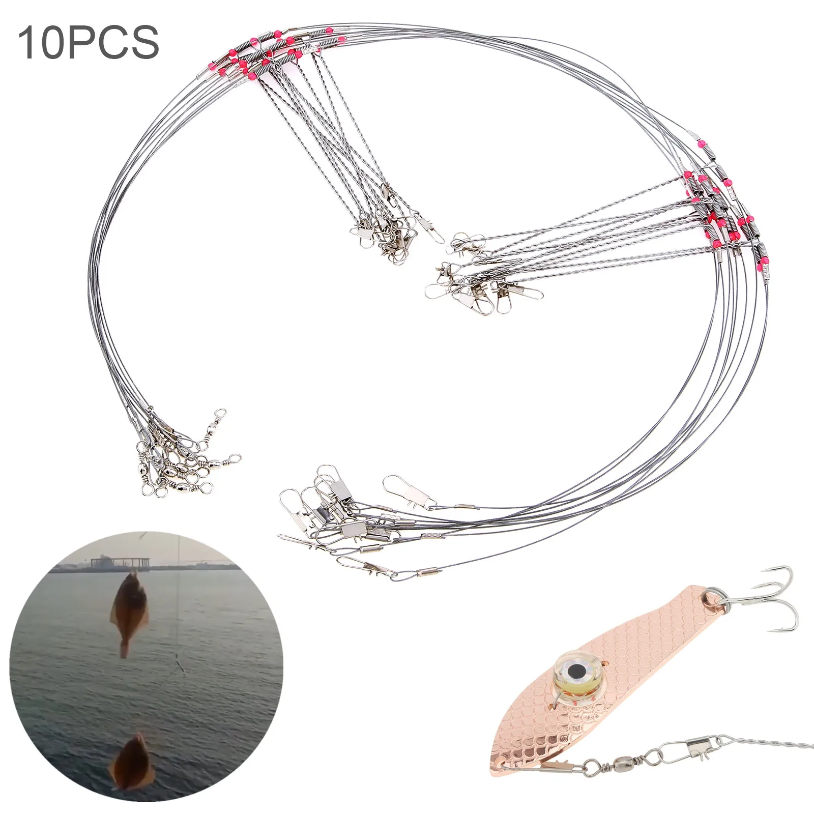 10Pcs Sea Fishing Stainless Steel 2 / 3 / 4 Arms Fishing Line Rig with Lure Swivel Snaps Saltwater Wire Bottom Tackle Rigs