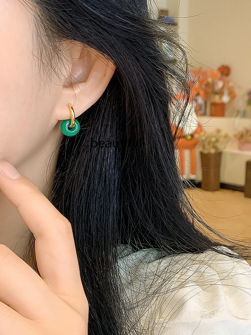 Chinese Style Black Agate Ear Clip round Metal Ear Ring Light Luxury Minority Simple Safe Retaining Ring