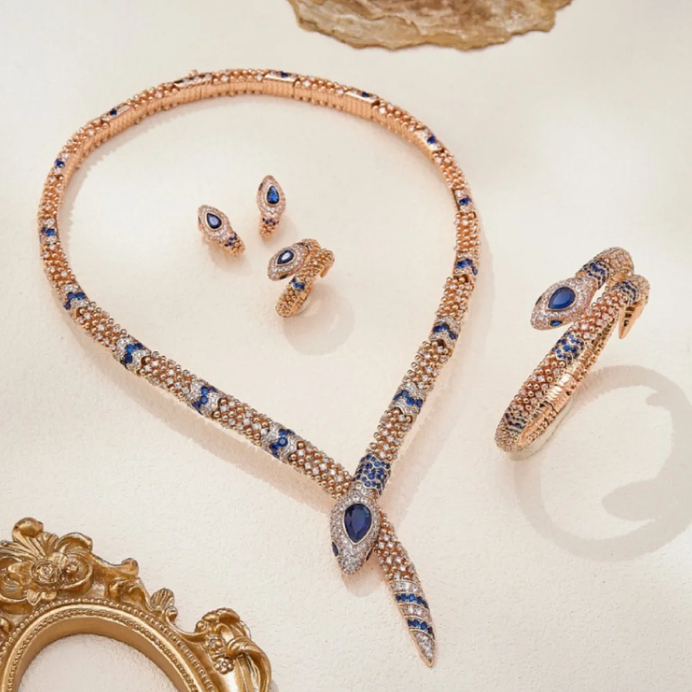 Vintage Style Women Lady Party 4Pcs Jewelry Sets Inlay Blue Green Cubic Zircon Snake Snakelike Necklace Bracelet Earrings Ring