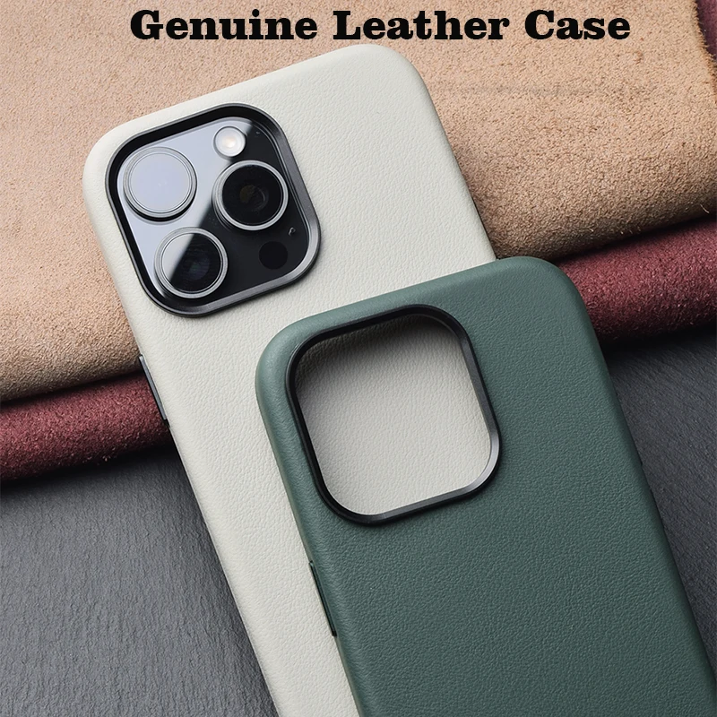 Funda de cuero genuino para iPhone 15 Pro Max, funda trasera de teléfono de piel auténtica suave para Apple iPhone 15 Pro, Color gris magnético verde