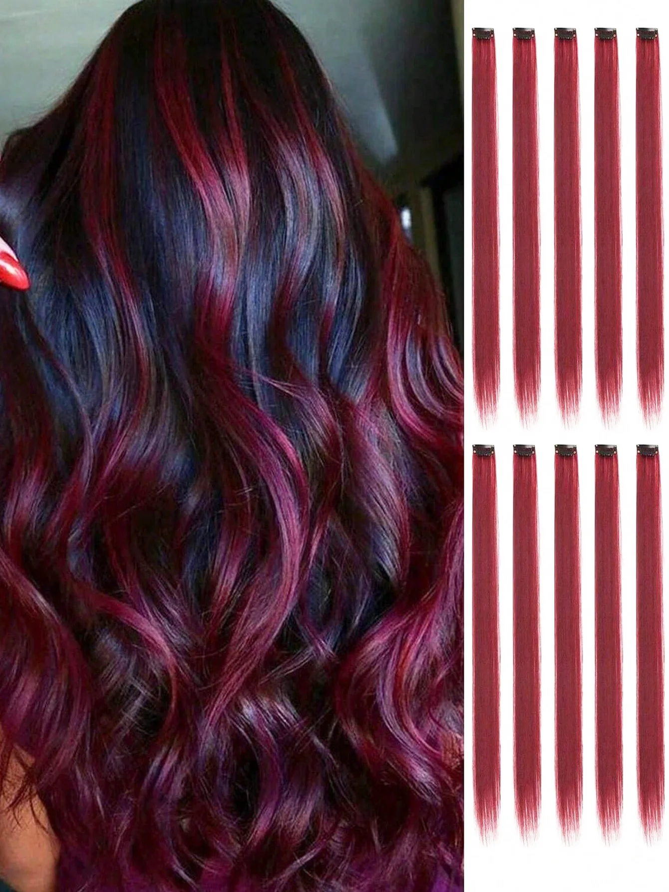 

10 шт. разноцветных накладных прядей для волос, яркие синтетические пряди для женщин и девочек, идеально подходят для фестивалей, вечеринок и повседневного использования.