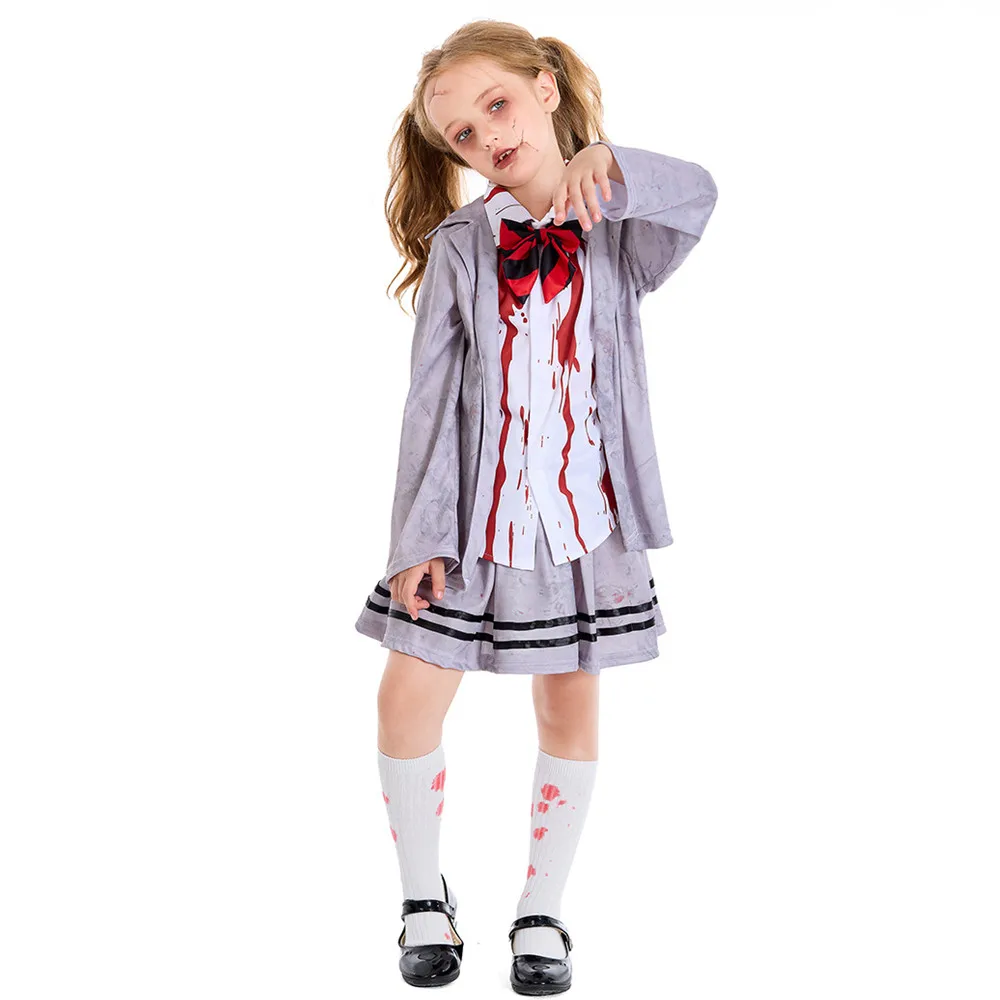 Disfraces de Halloween para niños, disfraces de zombi muertos caminantes, niñas, estudiantes sangrientos, vampiro, Cosplay, Carnaval, Purim, vestido de fiesta de juegos de rol